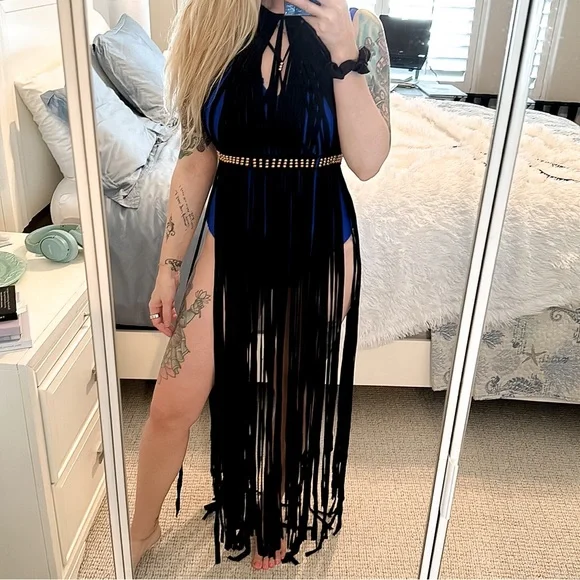 Black Fringe Maxi Cover Up One Size Halter Sheer Beach Dress Gold Waist Detail - Picture 3 of 14